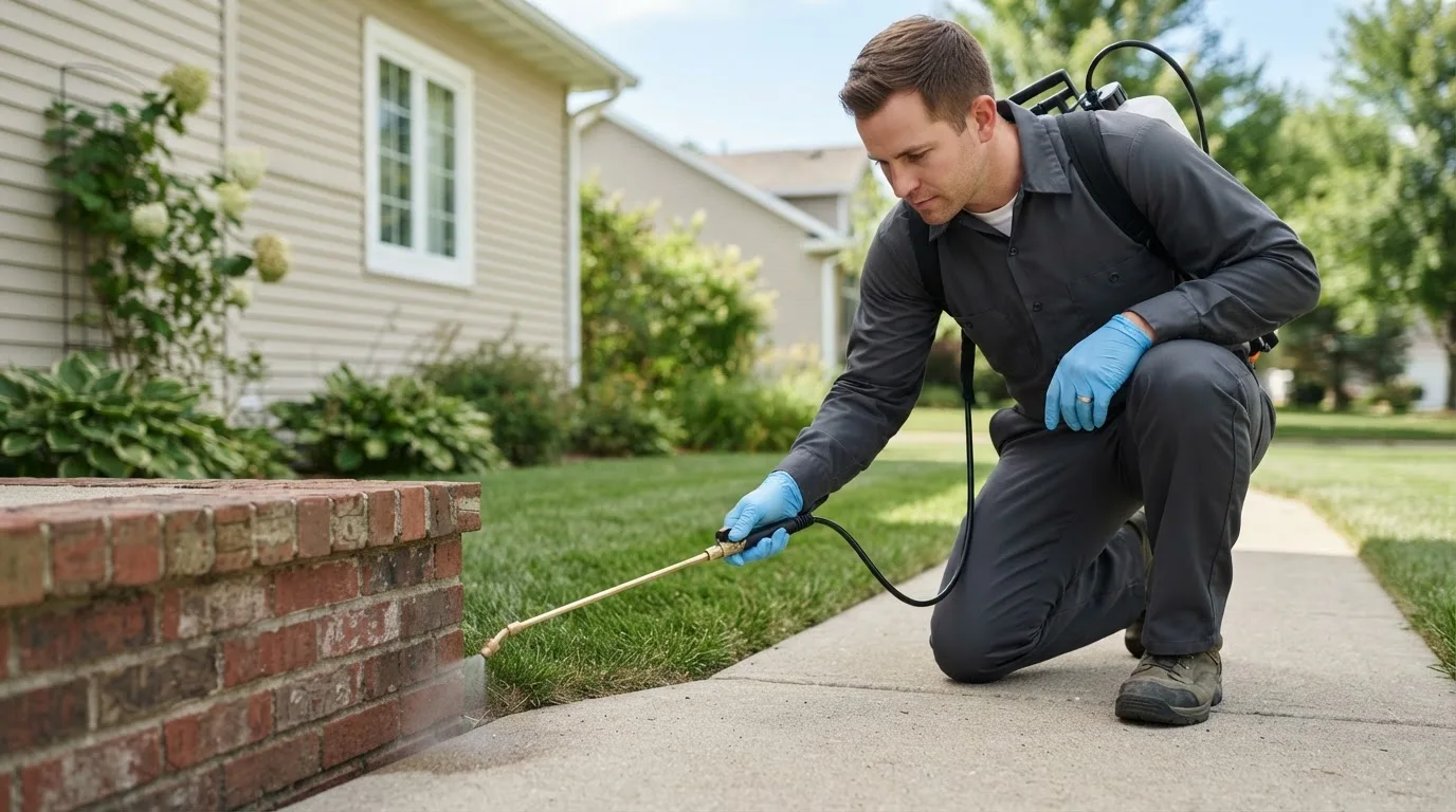 Pest control technician treating a home near Rosharon, TX